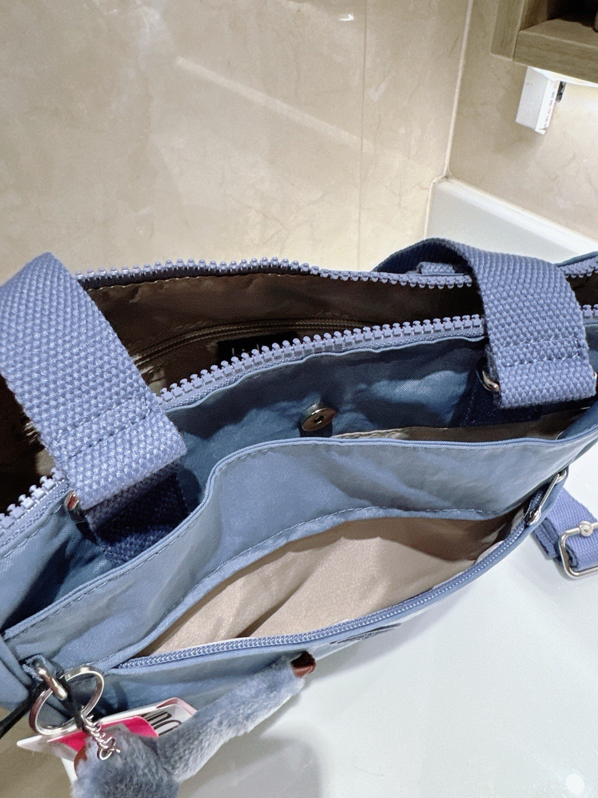 NEW Kipling Light Blue Women’s Tote Bag with Monkey Charm and Detachable Strap