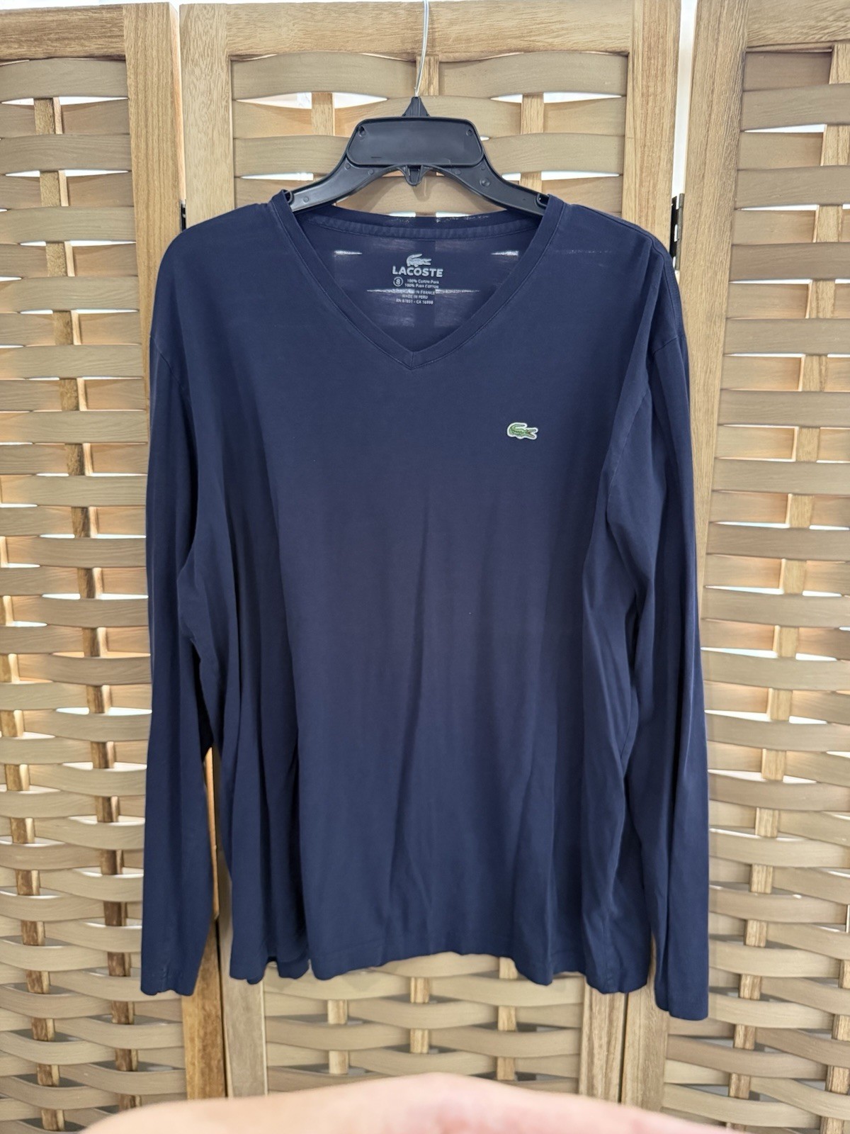 LACOSTE Size 8 Medium Vneck Pima Cotton Navy Blue Logo Patch Long Sleeve TShirt