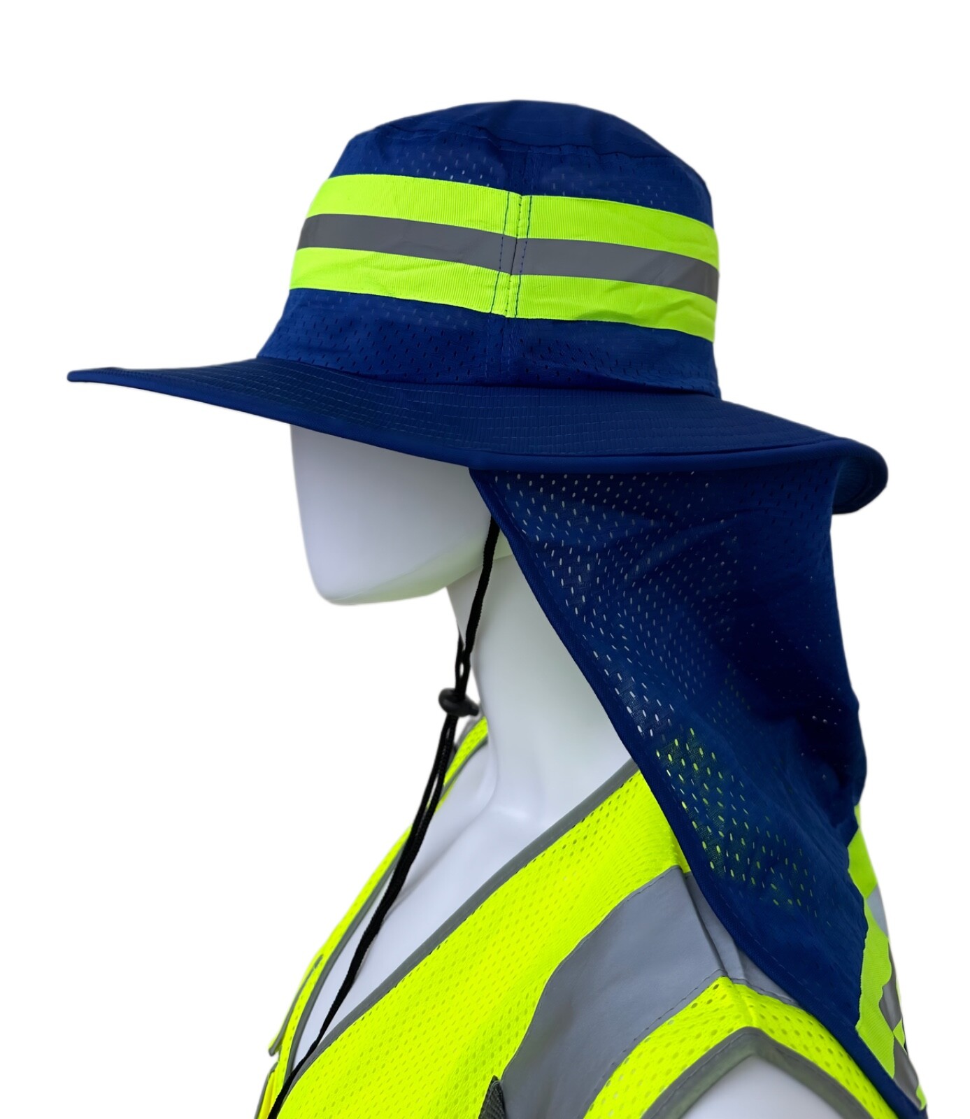 Hi Vis Reflective Work Safety Neck Flap Boonie Hat Blue Bucket Cap