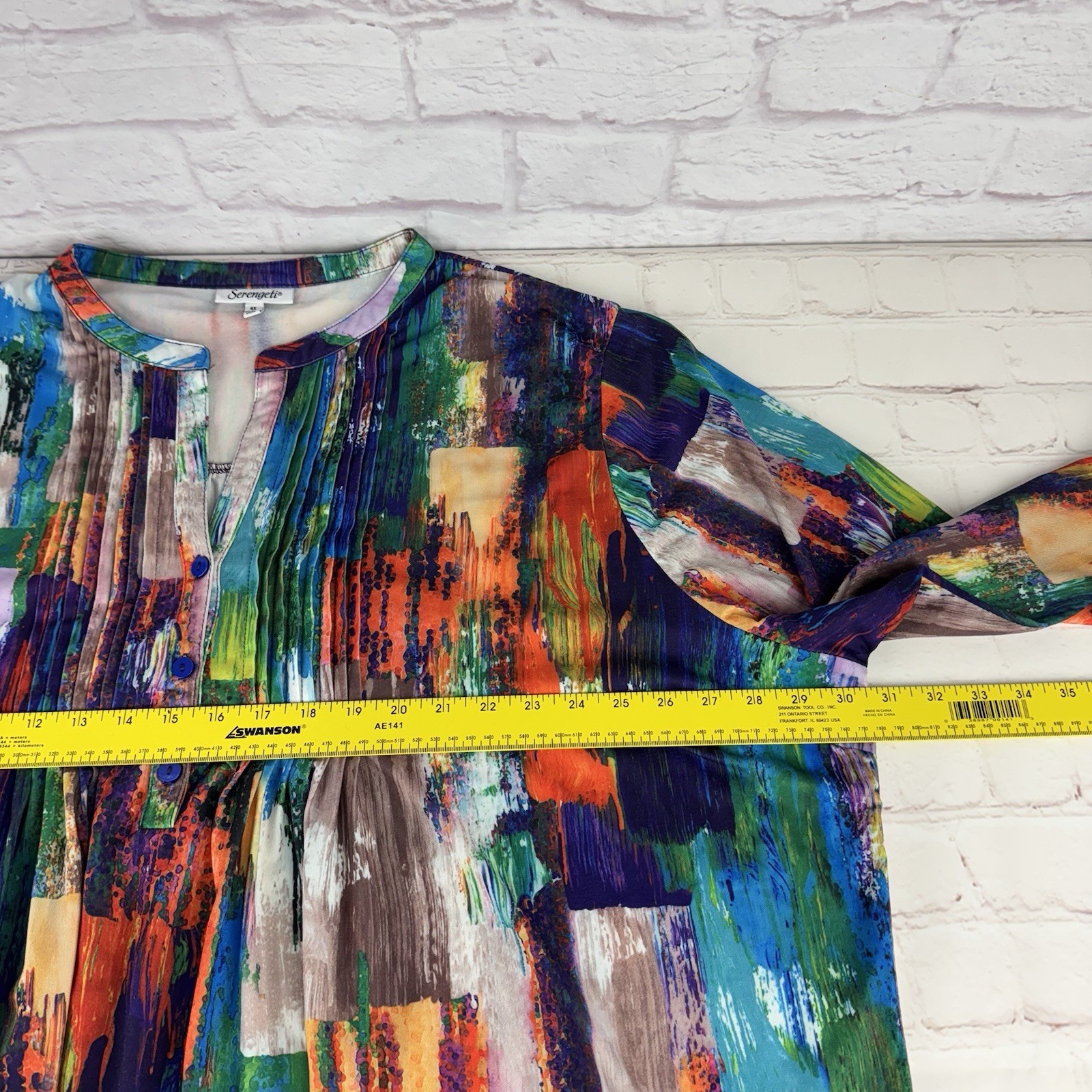 Serengeti Multicolor Abstract Print Pleated Button Blouse Tunic Top Women’s 4X