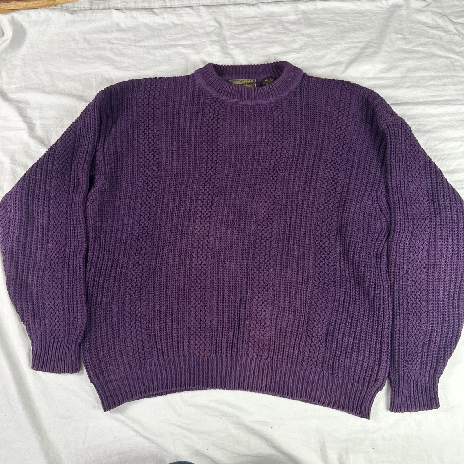VTG Eddie Bauer Sweater Mens XL Purple Fisherman Cable Chunky Knit Heavyweight