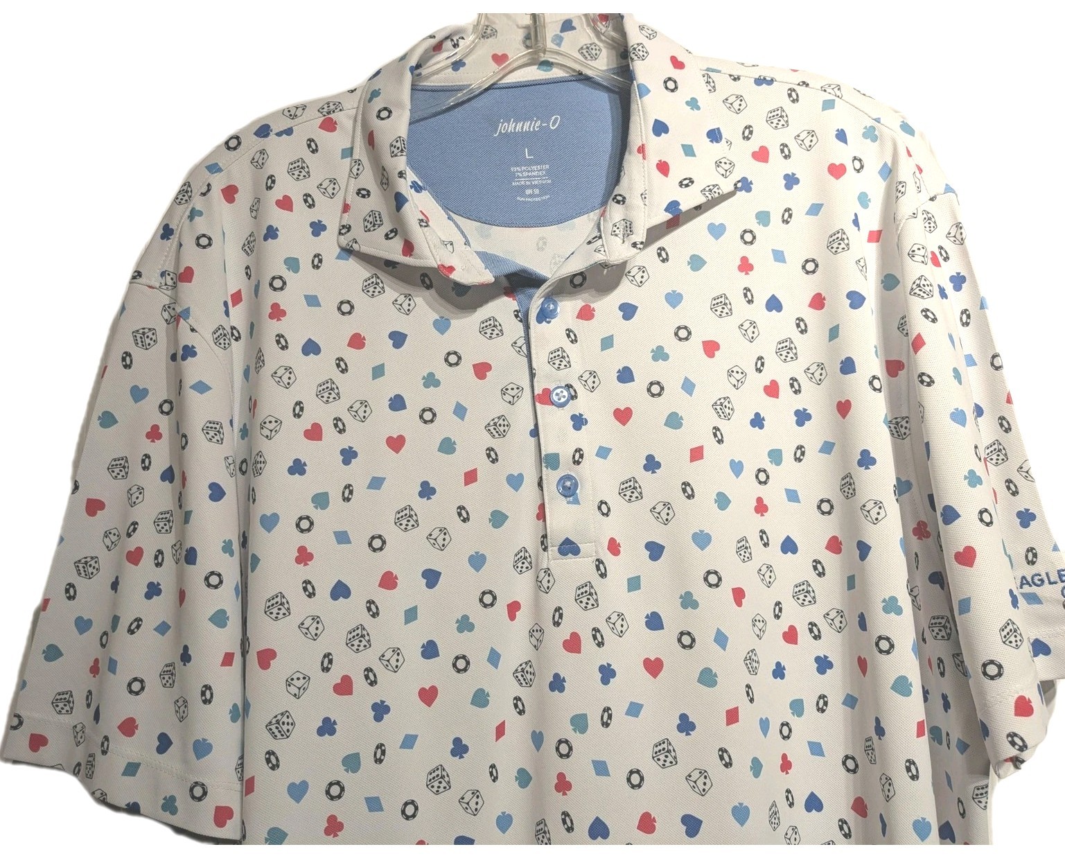 Johnnie-O Polo Shirt Men L White High Roller Casino Dice Golf Logo Stretch UPF50