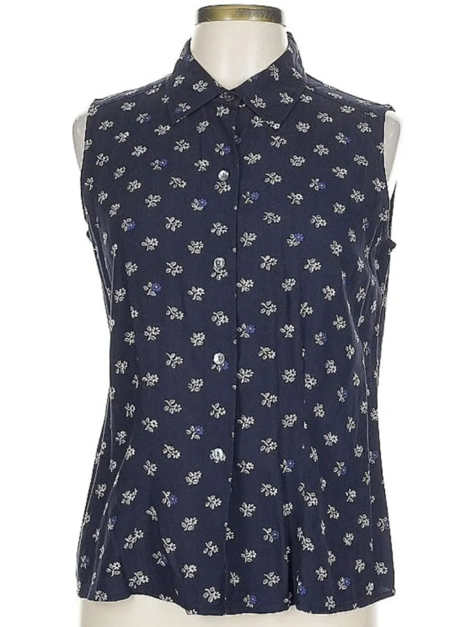 Charter Club Floral Sleeveless Button Down Blouse Navy Blue Size 10