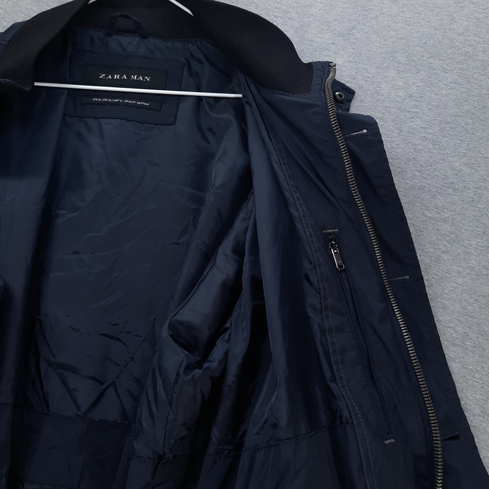 Zara Man Jacket Mens XL Navy Blue Bomber Zip Button Ribbed Collar Zip Pockets