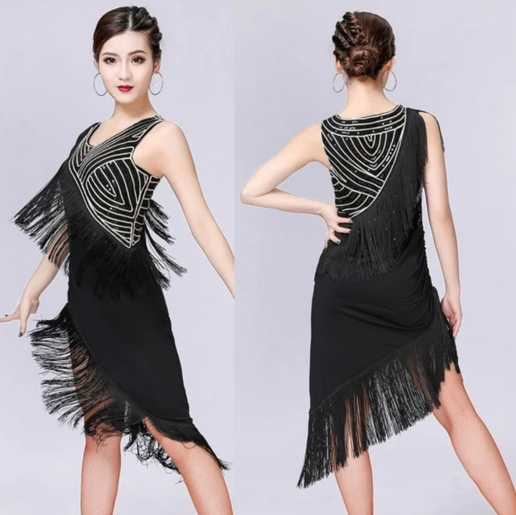 Woman Black Flapper Dress Sequin Fringe Roaring 20s Latin Dance Costume Party L