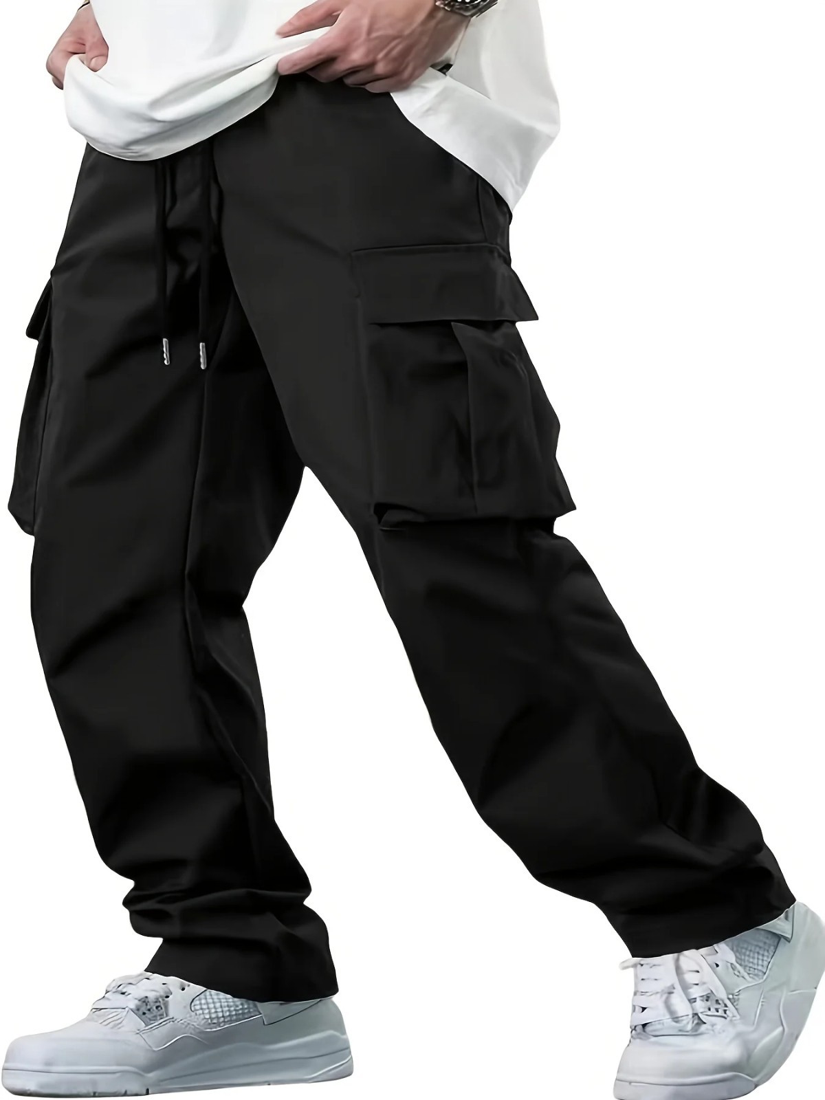 Mens Cargo Jogger Pants Drawstring Loose Fit Multi Pocket Casual Trousers