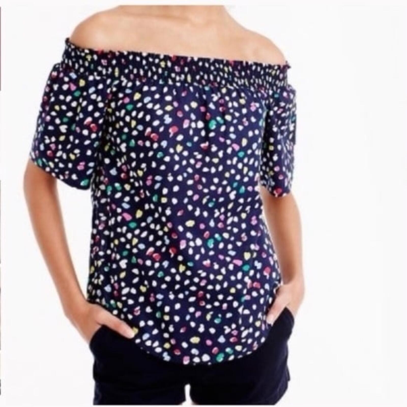 J.Crew Women’s Off-The-Shoulder Polka Dot Blouse Size 4 Navy Multicolor