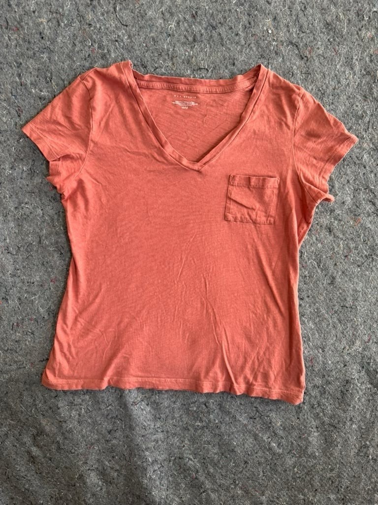 Max Studio M Coral Salmon V-Neck Pocket Tee Shirt Slub Knit Short Sleeve Top