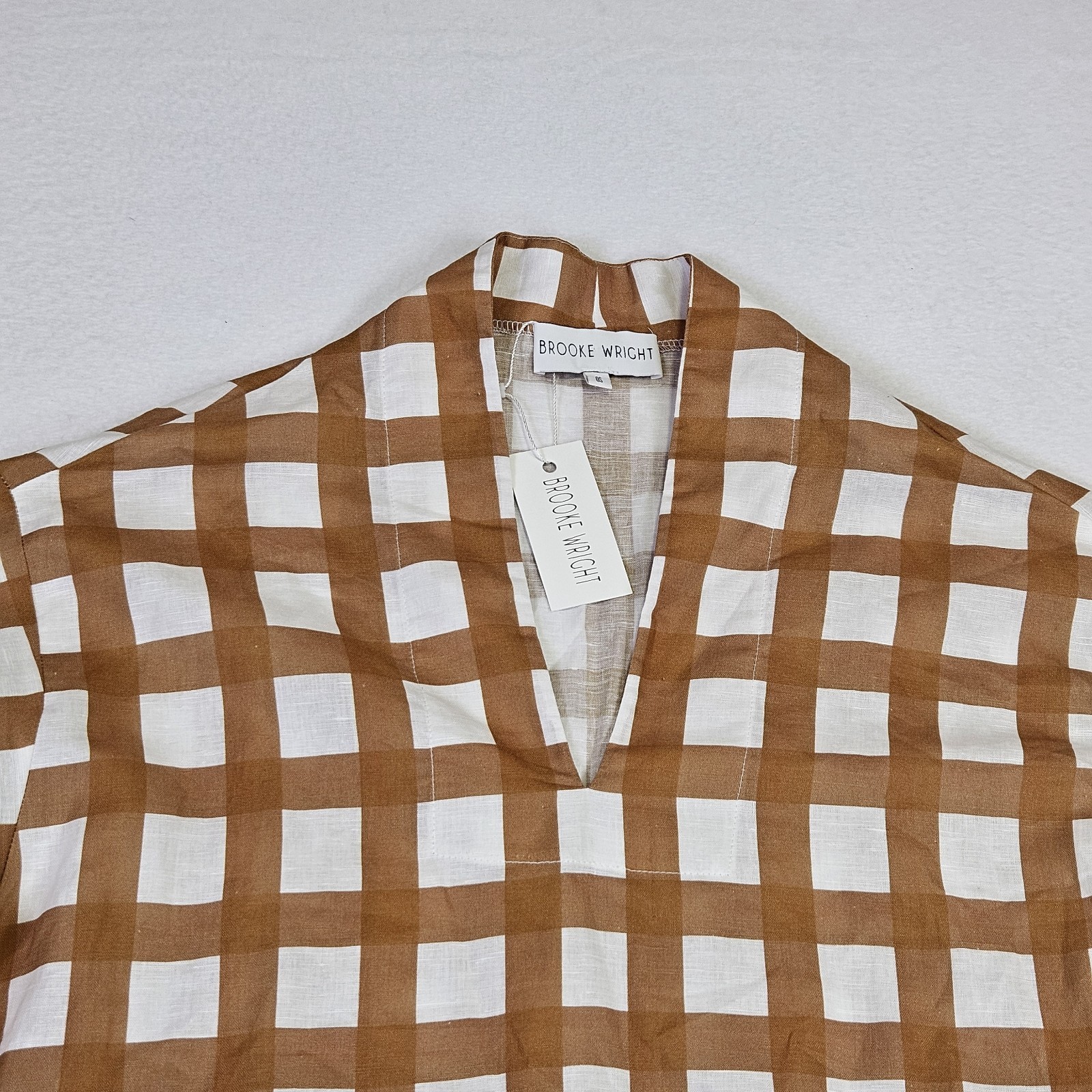 Brooke Wright Tuckernuck Linen Kimono Tunic OS Tan Check Cottagecore Top Blouse