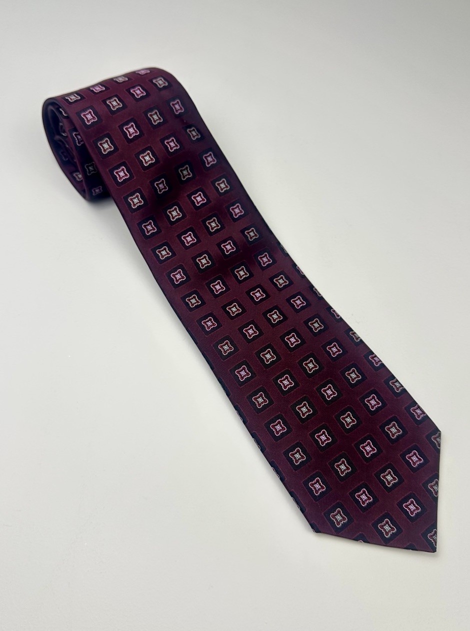 Paul Frederick Sartoriale Silk Tie Italy Burgundy Geometric 3.5” x 59”