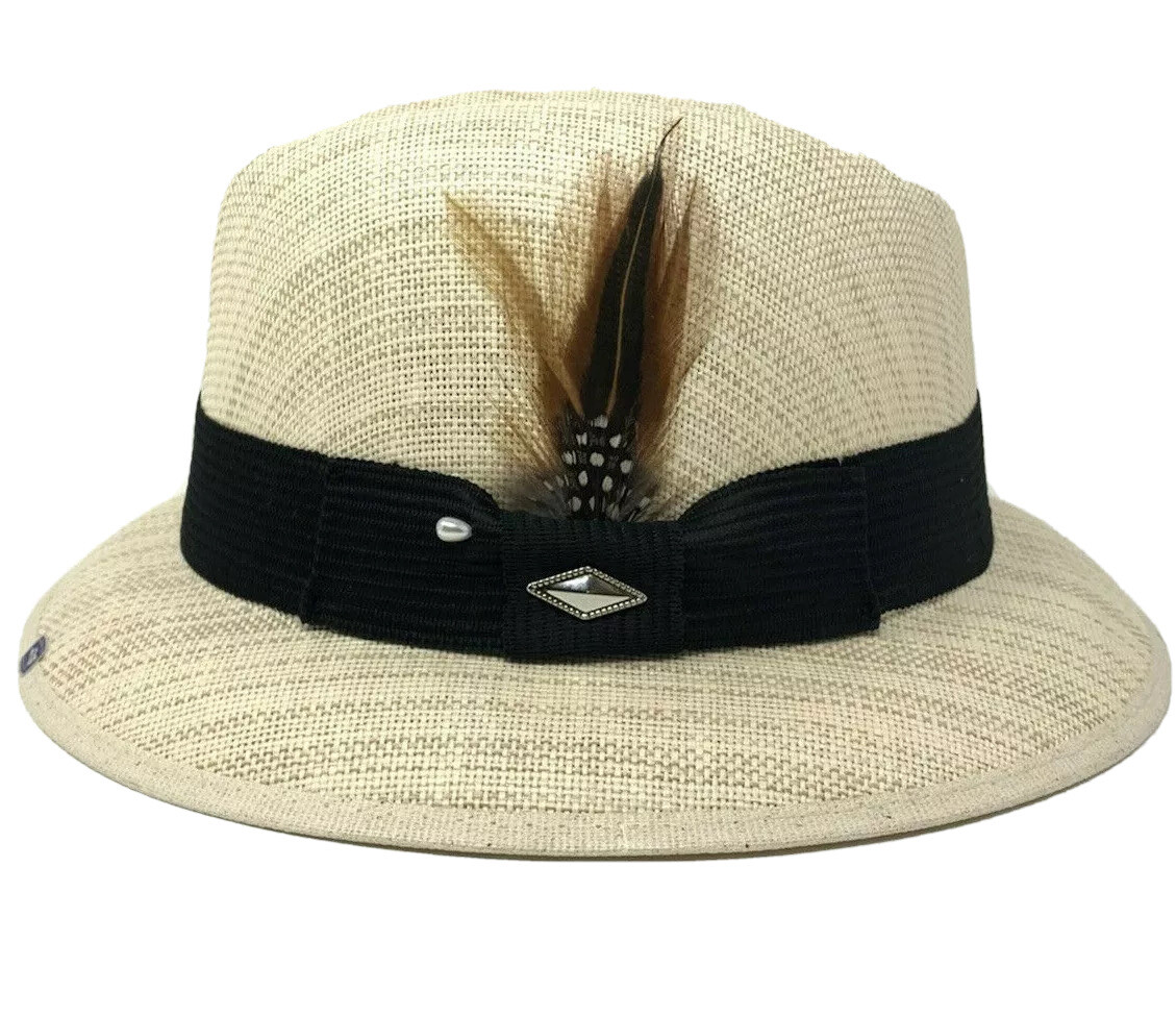 Mens Tan Lowrider Fedora Vented Straw Hat (Whittier) With Brown Feather