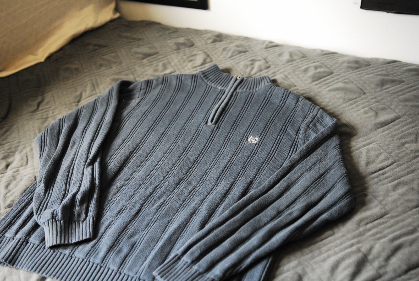 Chaps Ralph Lauren Quarter Zip Sweater Large Charcoal Gray Ribbed Knit Pullover