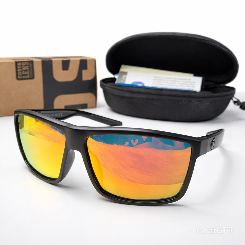 NEW Costa Del Mar Rincon Polarized UV Black Frame Orange Mirror Sunglasses