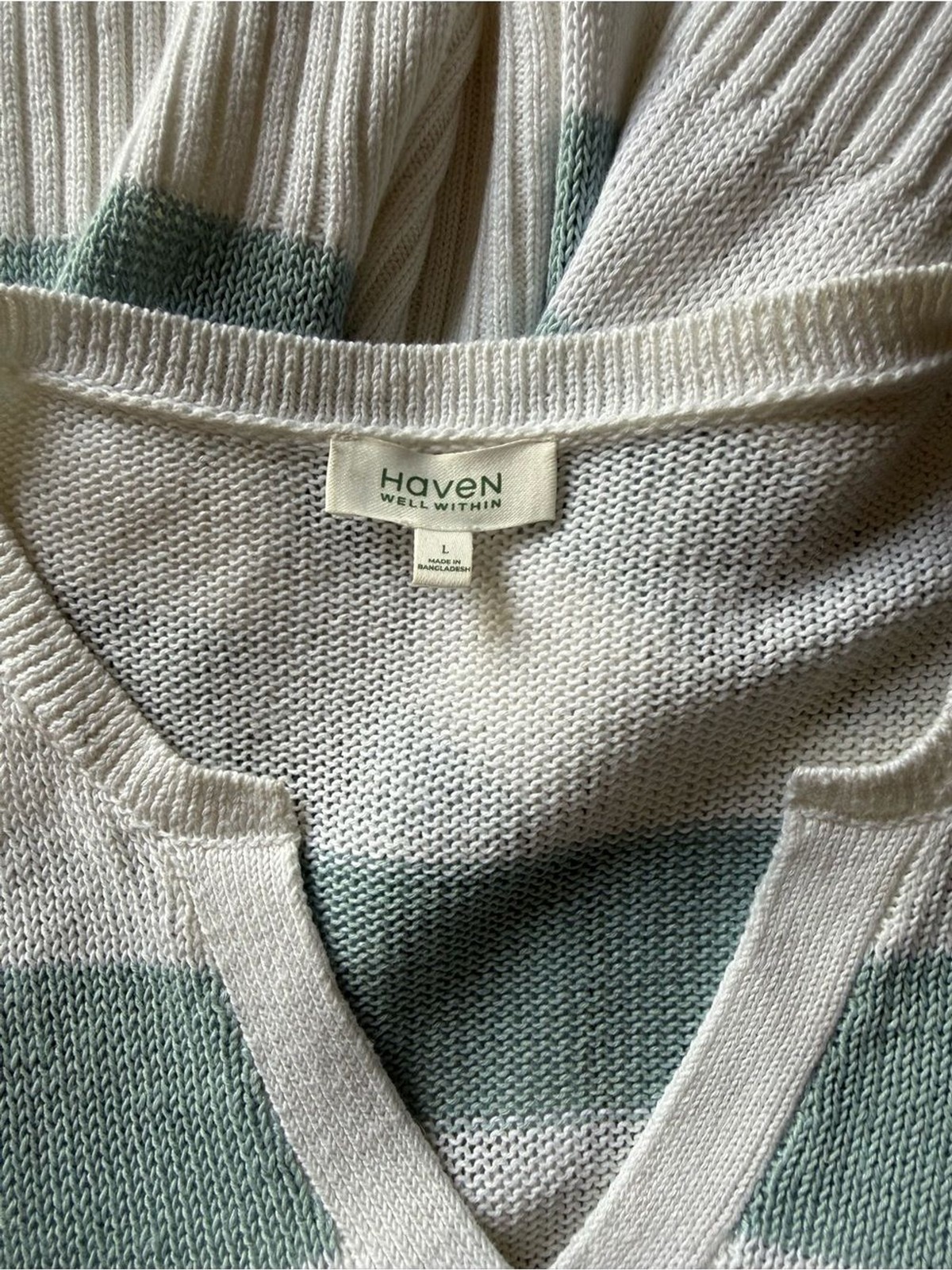 Haven Well Within Linen Cotton Stripe V-Neck Sweater Size L Coastal Blue