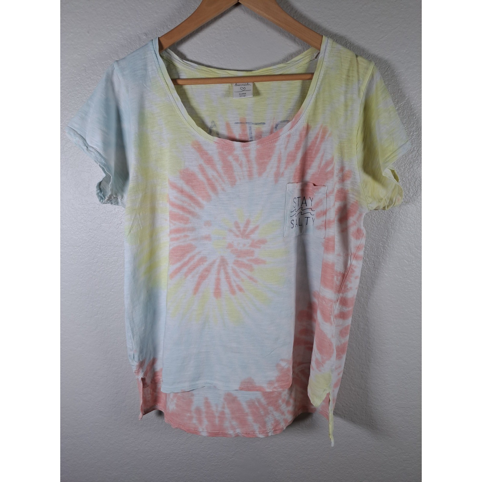 Dreamsicle Stay Salty Tie Dye Graphic Pocket Tee XL Pastel Pink Yellow Blue