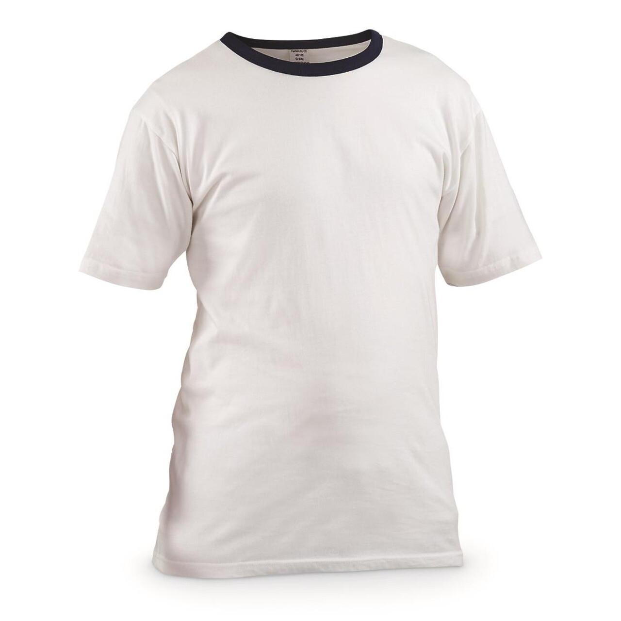 German Army Bundeswehr White Cotton T Shirt w/ Blue Trim Military Surplus Sz LRG