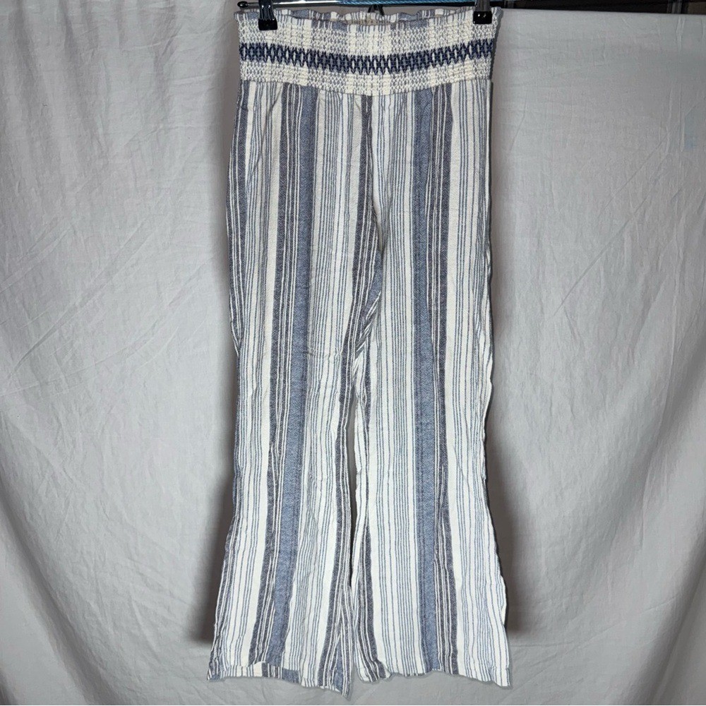 Linen Blend Striped Wide Leg Blue White Smocked Pants Indigo Rein Womens Size M