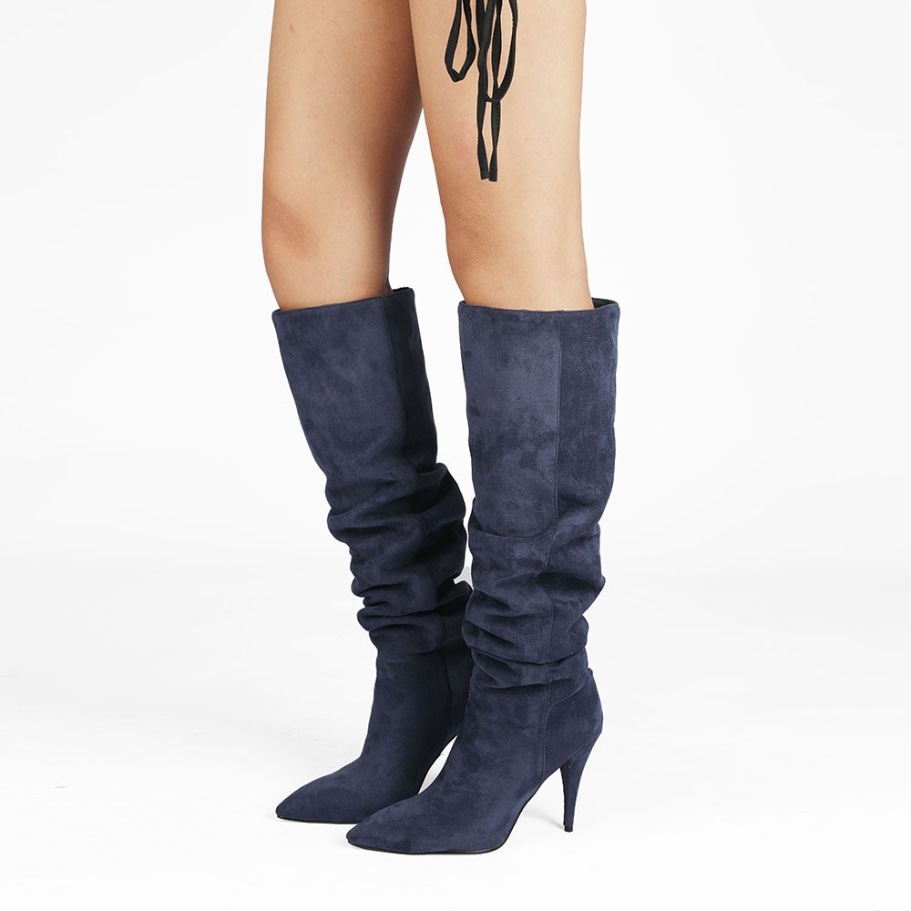 2026 Womens Pointy Toe Pleated Knee High Boots Pointed Oversized Stiletto Heels