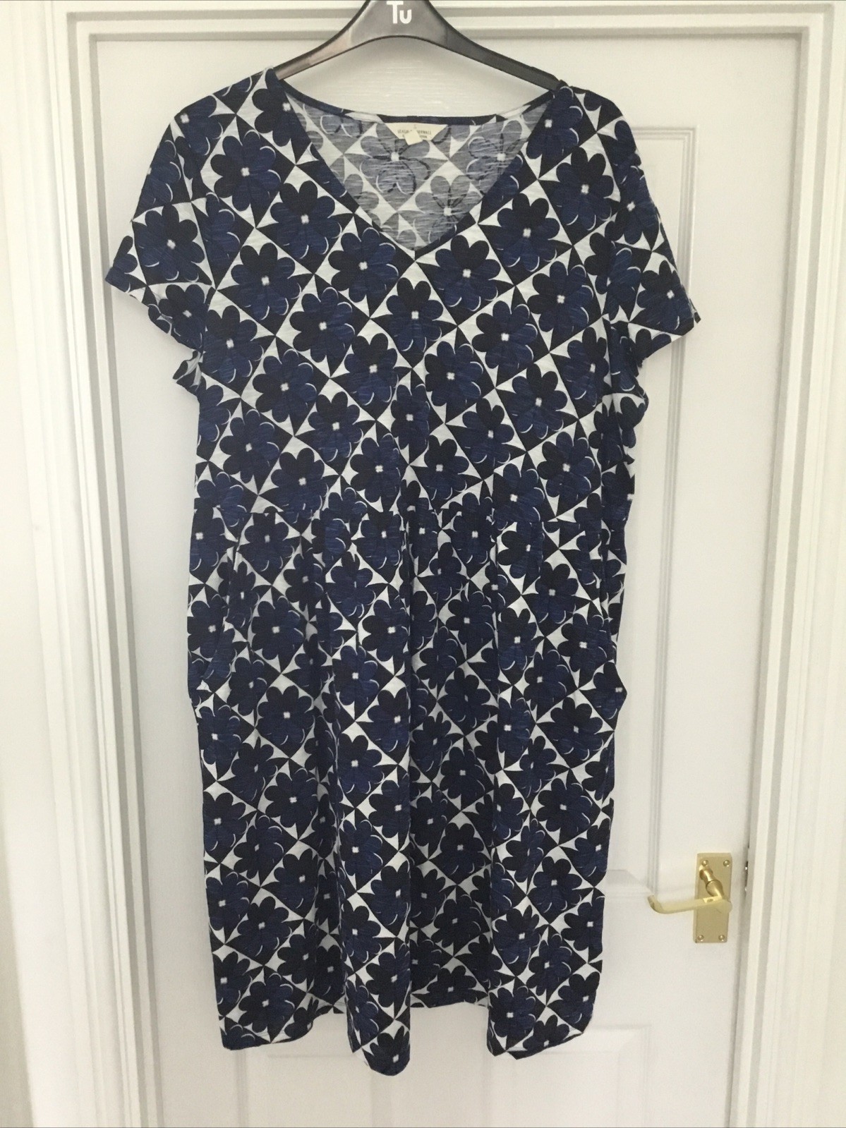 Seasalt Brush Drawing Dress Size 20 Organic Cotton Navy Black Floral Pockets VGC
