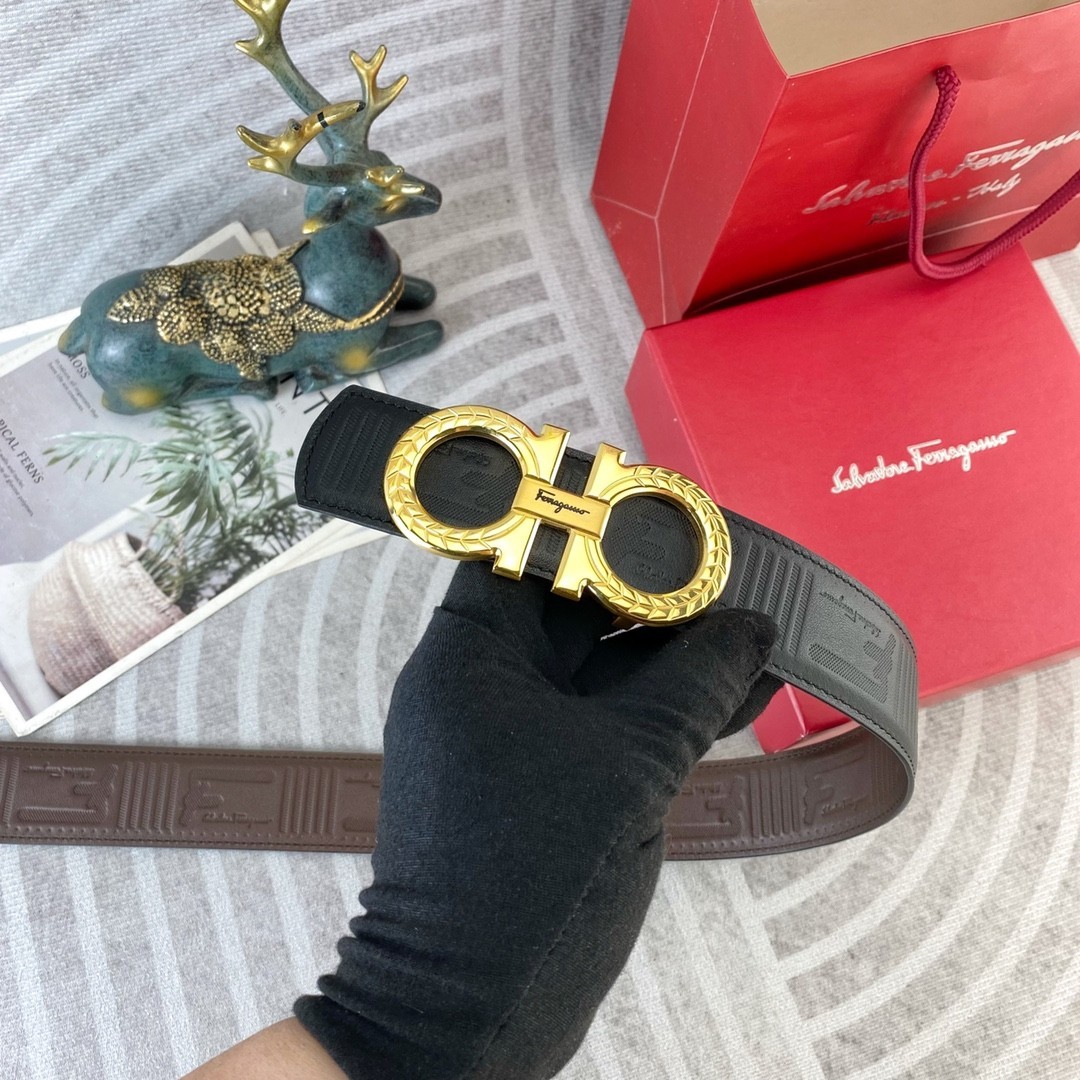 Ferragamo Handcrafted Leather Belt Reversible width 3.8cm/1.5inch Gold Buckle