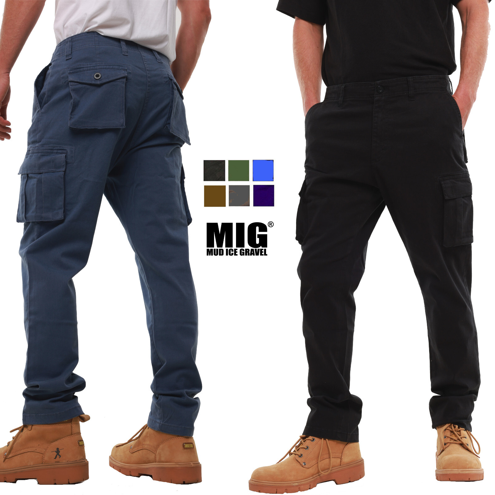 MIG Mens Stretch Cotton Slim Fit Cargo Work Trousers Size 30 to 42- COMBAT CHINO