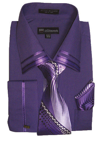 Fortino Landi Men’s French Cuff Dress Shirt with Tie and Handkerchief SG28