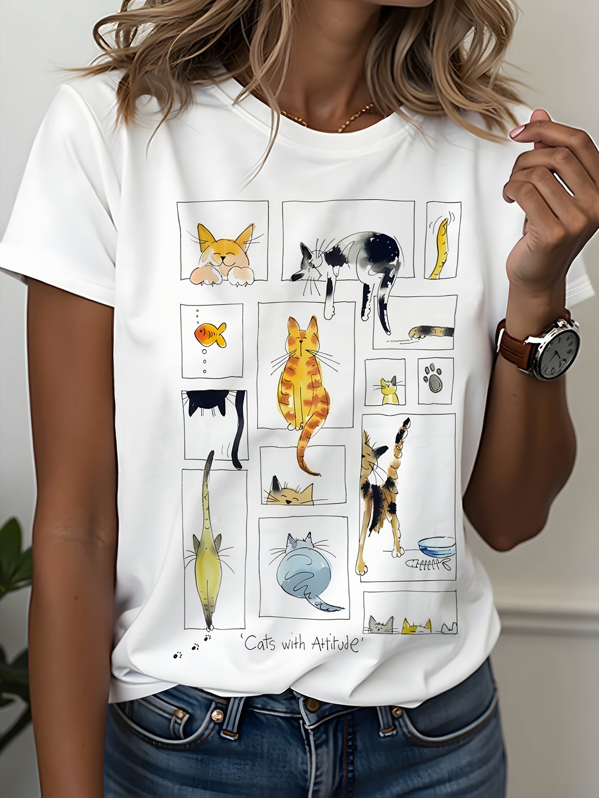Watercolor Cat Windows T-Shirt | Playful Multi-Cat Boutique Graphic Tee