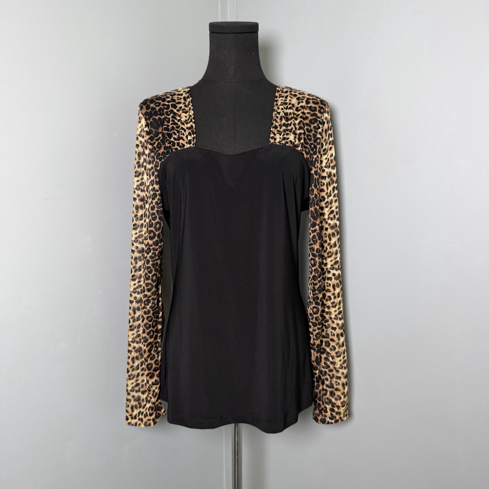 Vintage Suzie in the City Sheer Mesh Leopard Sleeve Blouse Shirt Sz L Mob Wife