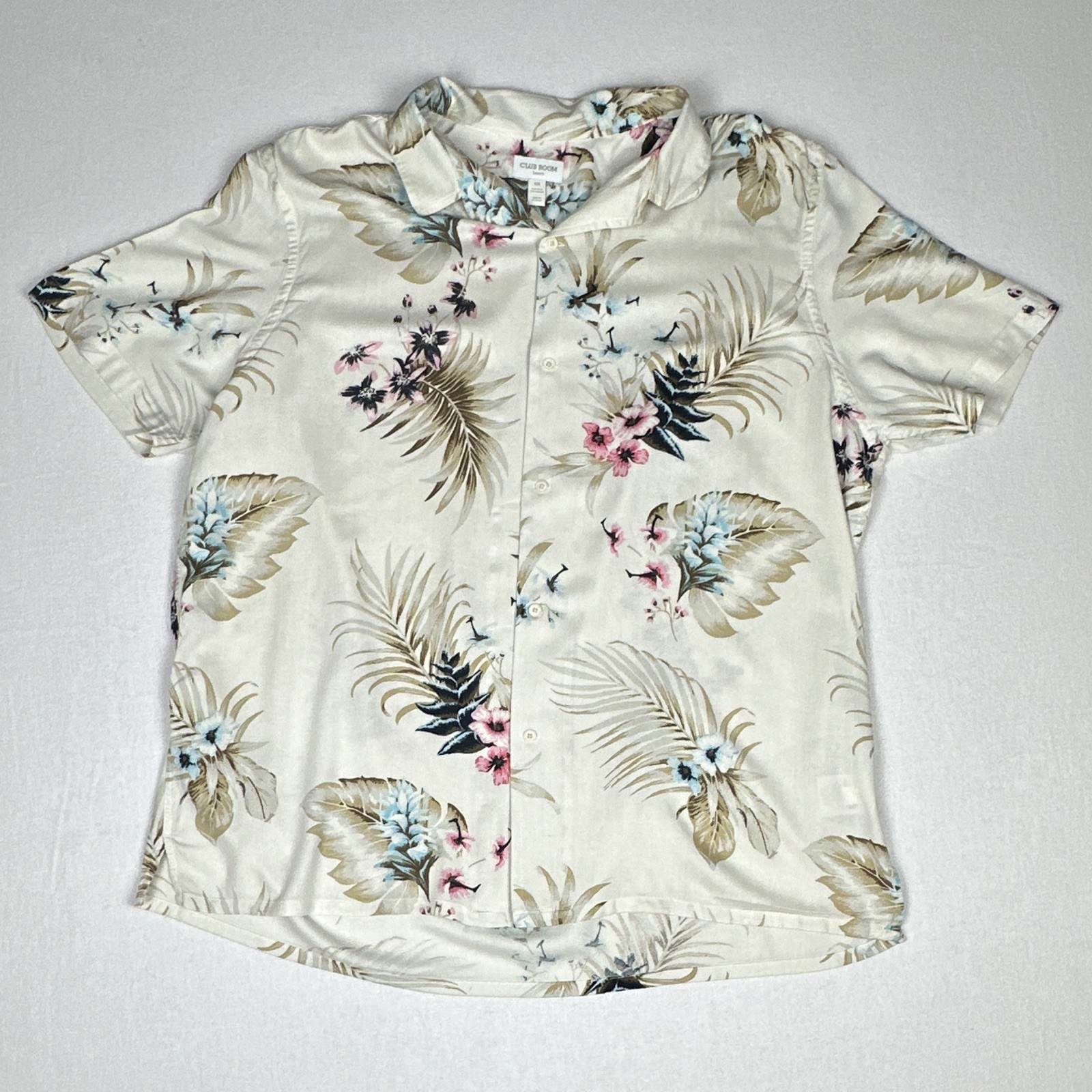 Club Room Luxury Men’s XXL Silk Rayon Hawaiian Shirt Floral Tropical Camp Beige