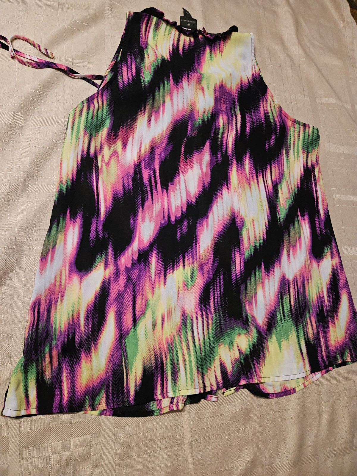 Worthington Blouse Top Womens Large Multicolor Abstract Print Pleated Round Neck
