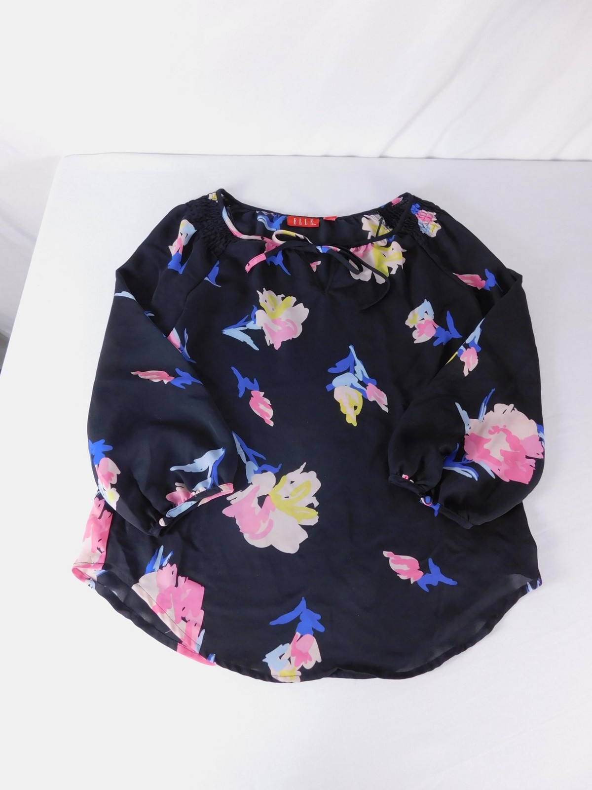 ELLE Blouse Womens S Black Floral Chiffon Scoop Neck Long Sleeve Pullover