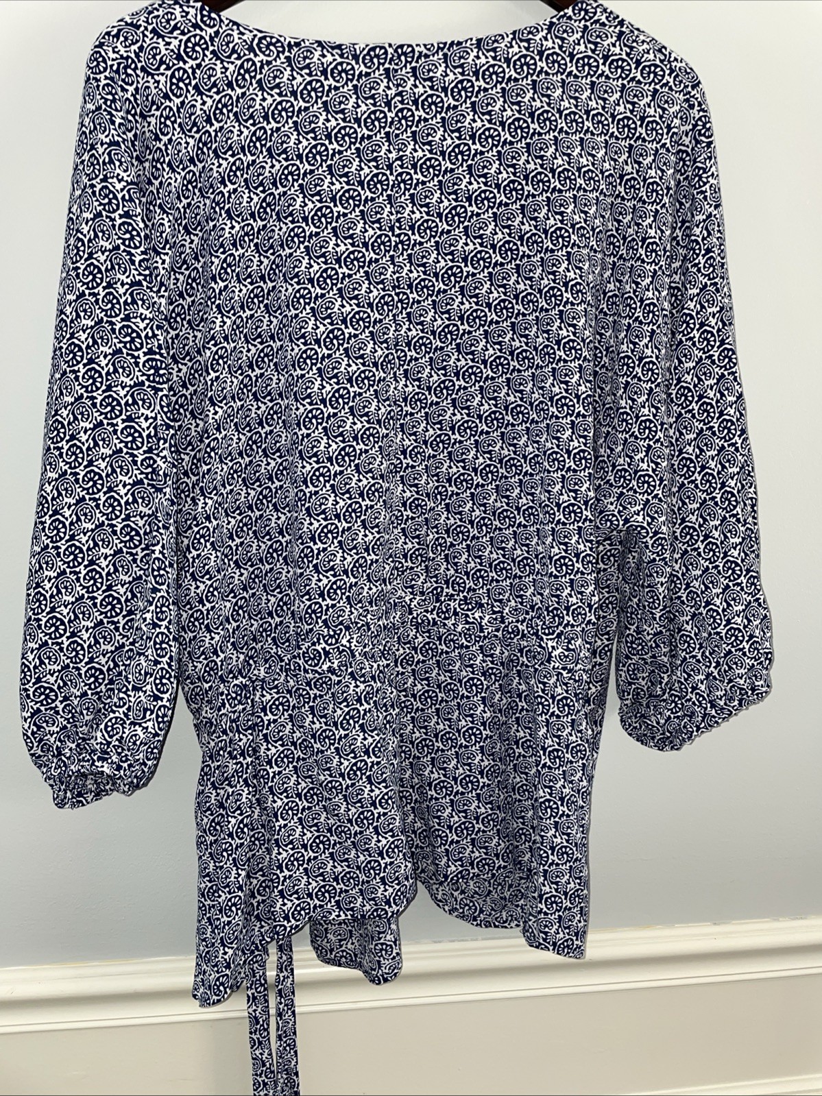 Talbots Faux Wrap Top Spot Print Long Sleeve Blouse Blue White Plus 2x