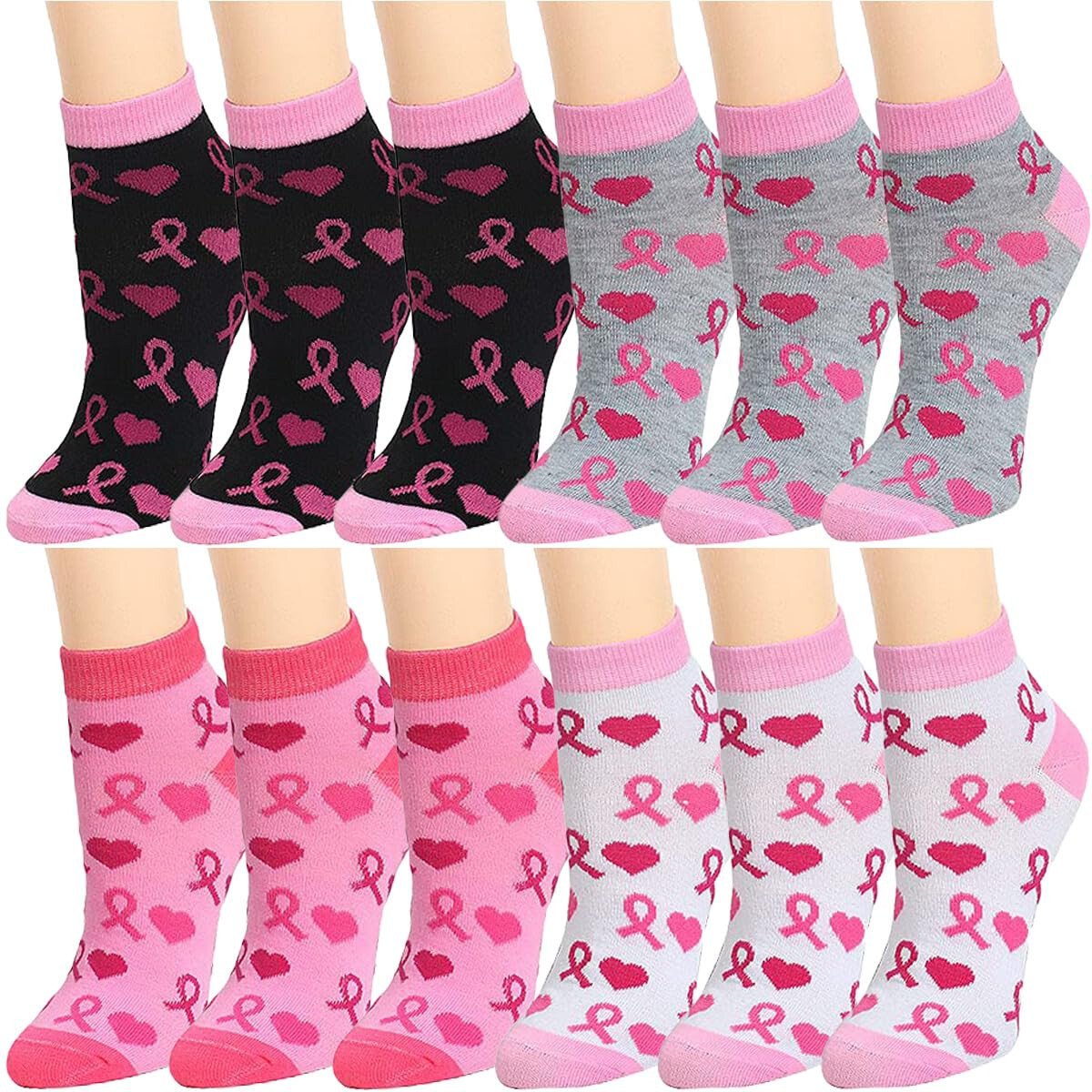 12 Pairs Assorted Color Heart & Pink Ribbon Breast Cancer Awareness Ankle Socks