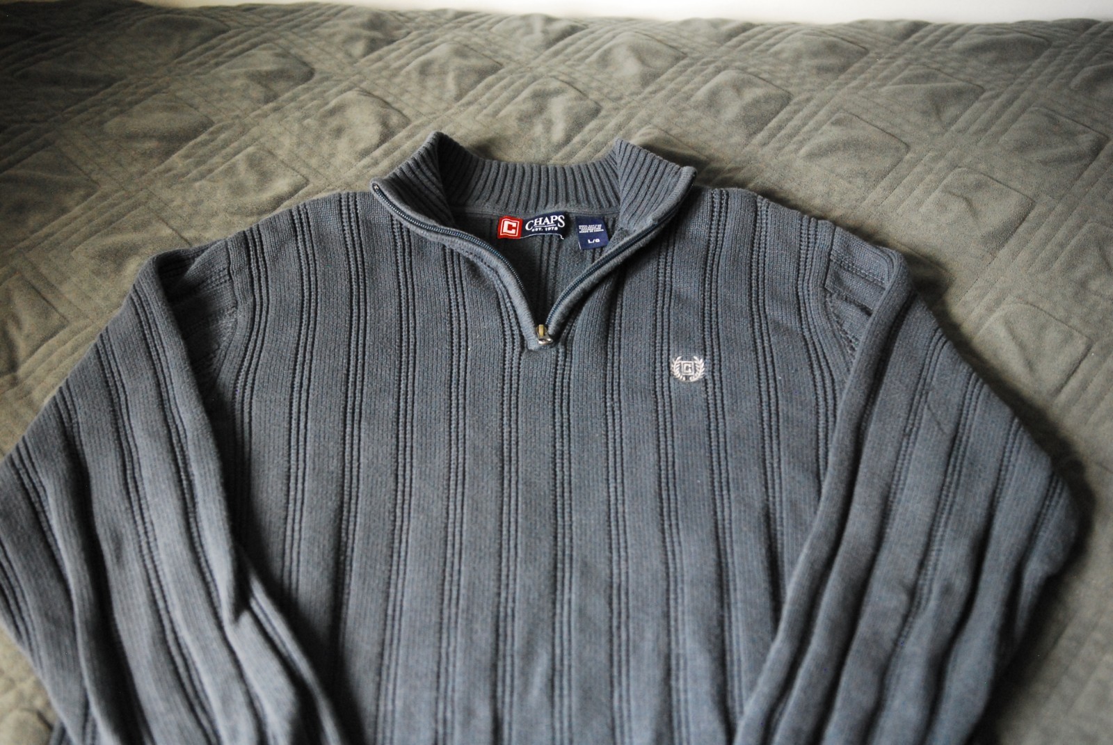 Chaps Ralph Lauren Quarter Zip Sweater Large Charcoal Gray Ribbed Knit Pullover