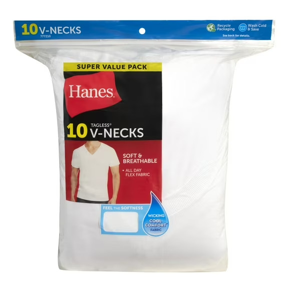 Hanes Men’s White V-Neck Undershirts 10 Pack Moisture Wicking 777Z10