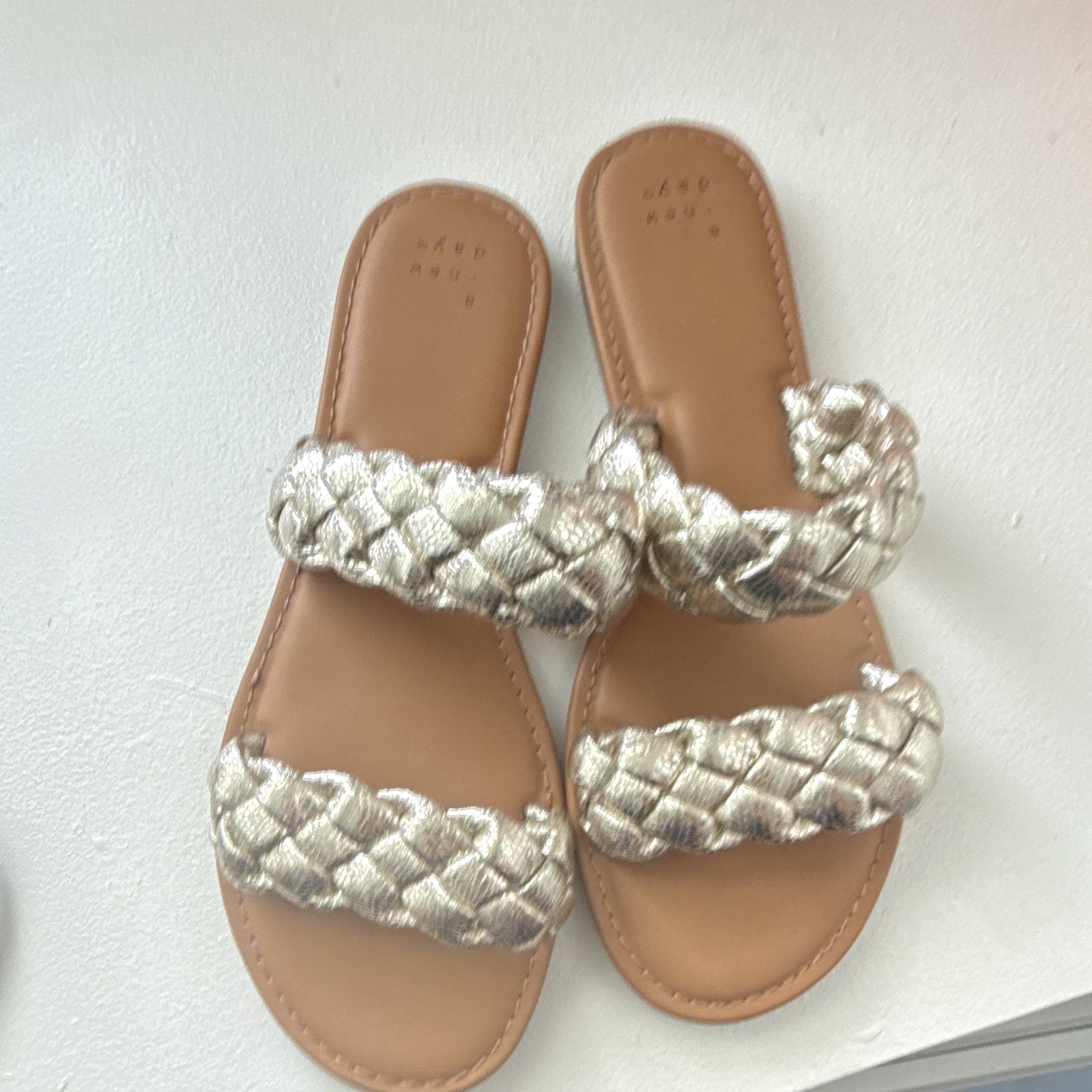 A New Day Women’s Metallic Silver Braided Slip-On Slide Sandals US 8.5