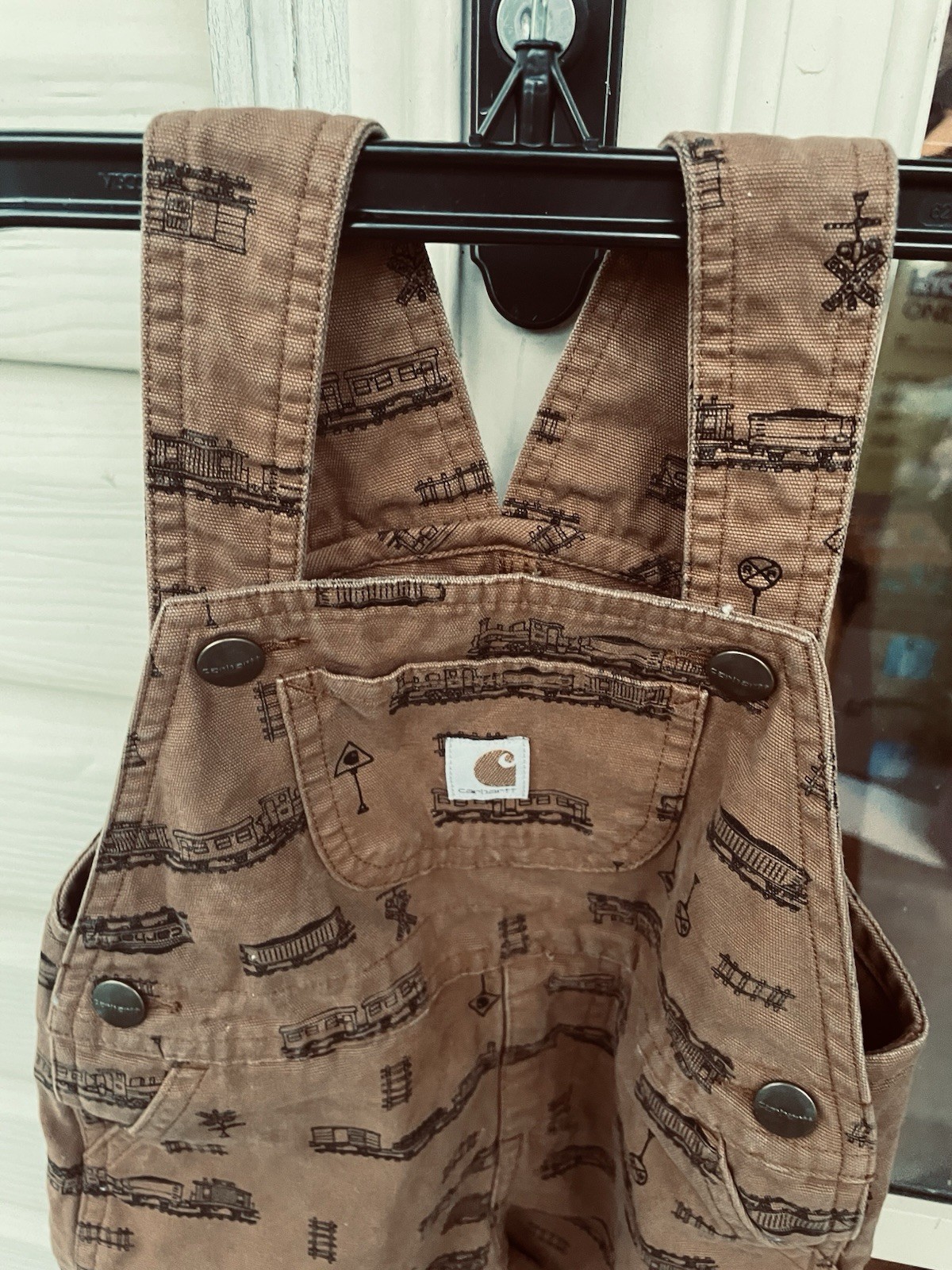 Carhartt Baby Boy Overalls, Brown With Boxcar trains. Size 24 Months