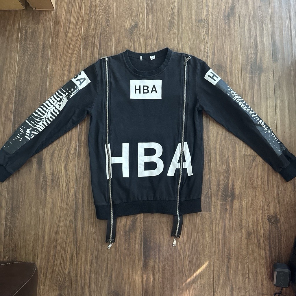 HBA Men’s L Black Graphic Print Pullover Sweatshirt Crew Neck Zipper Logo