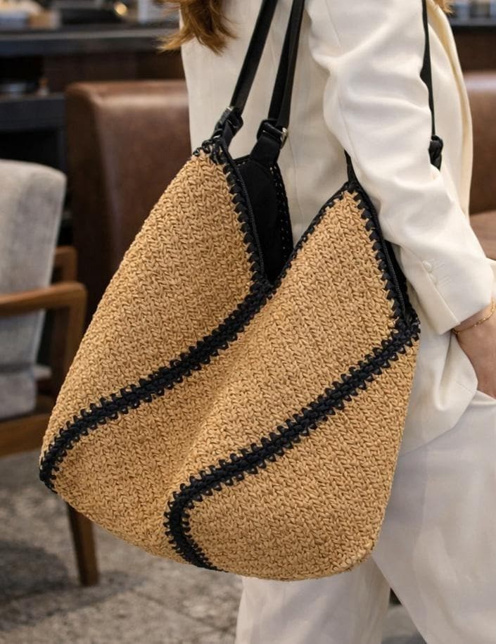 Woven Straw Tote Bag Geometric Raffia Beach Purse Boho Shoulder Handbag