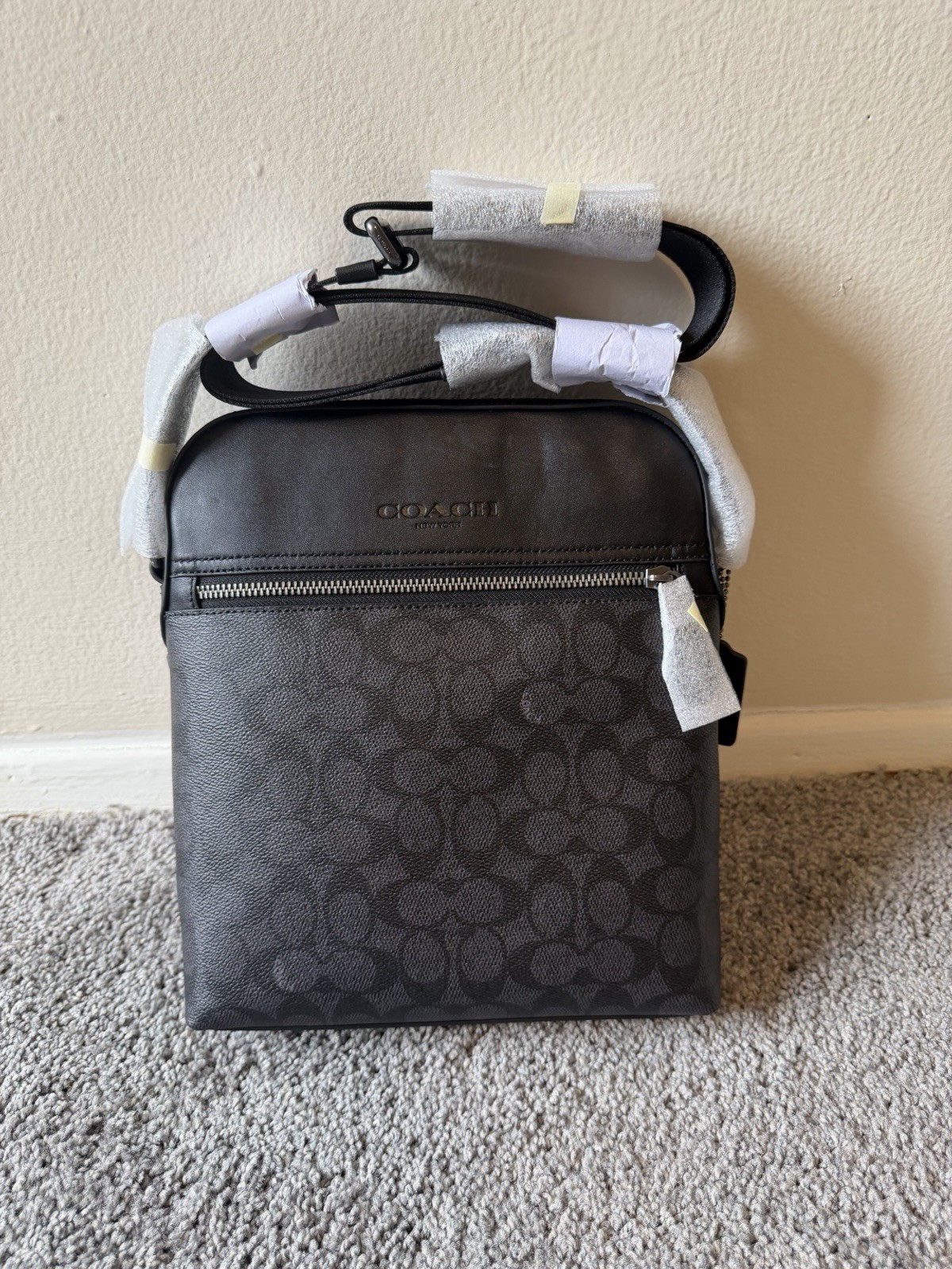 Coach Men’s Houston Flight Bag In Signature Canvas/Charcoal/Black Brand New