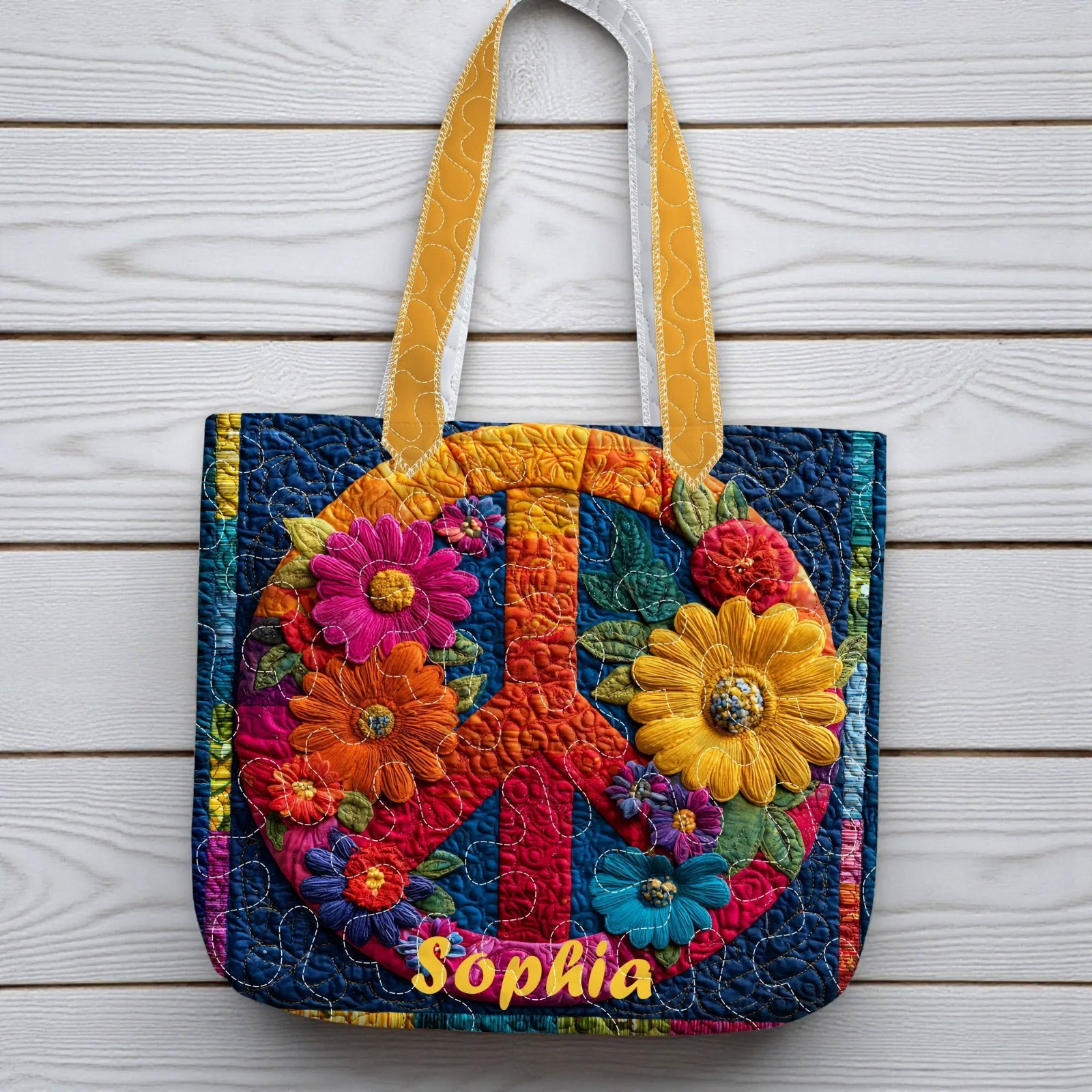 Personalized Hippie Flower Peace Sign Quilt Tote Bag Custom Retro Boho Women