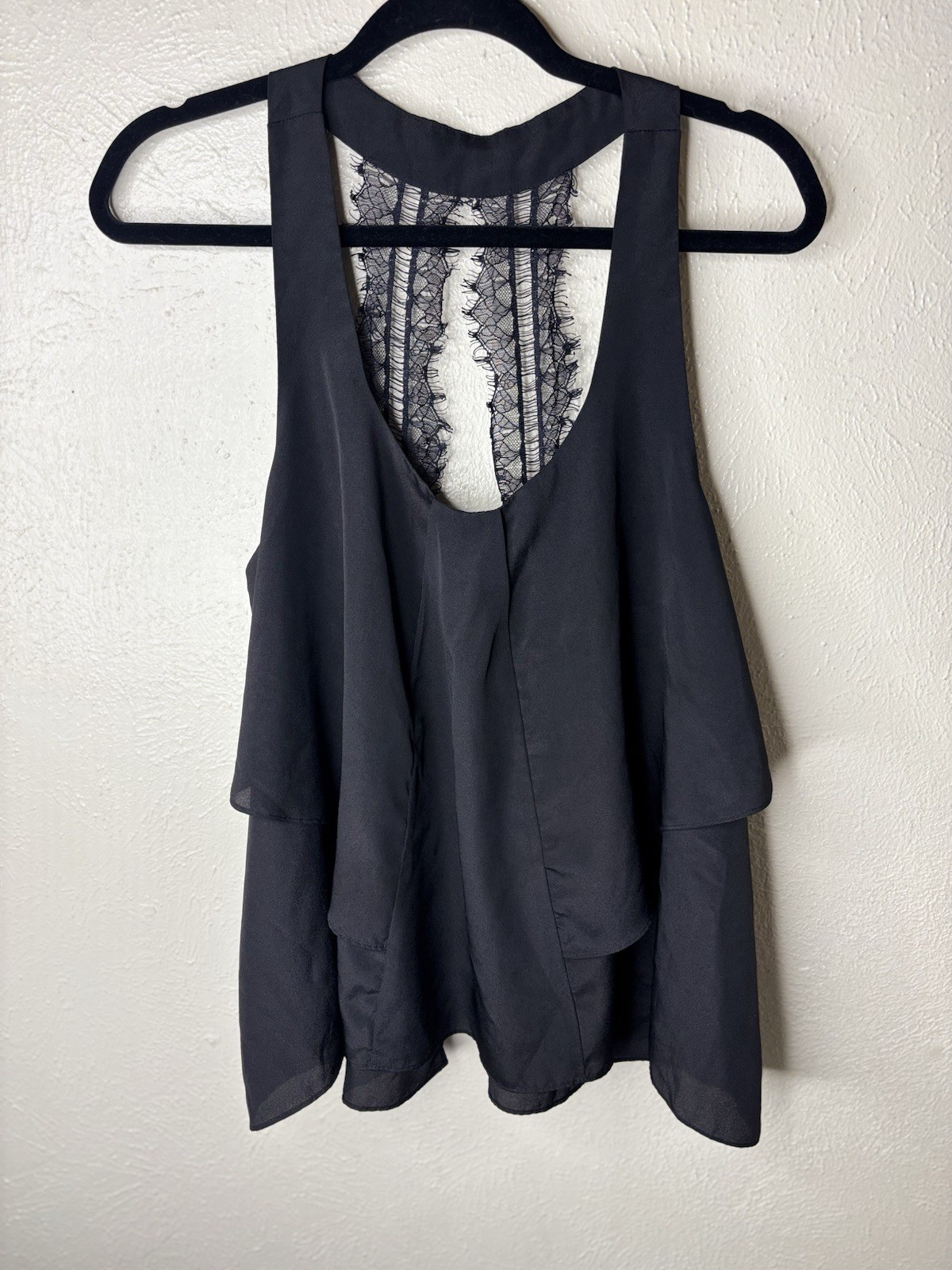 BCBG Generation Black Maternity L Racerback Sheer Lace Ruffle Camisole Tank