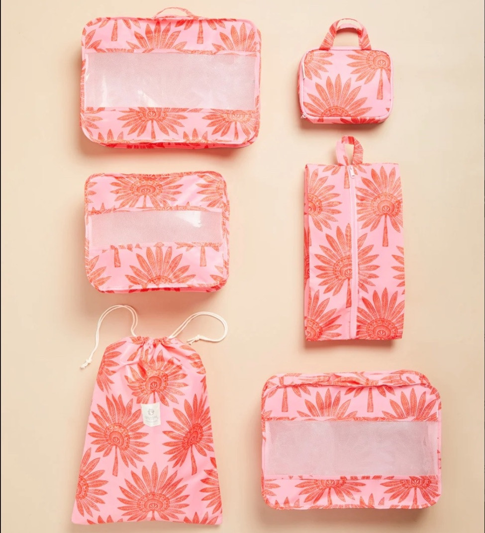 Spartina 449 6-piece Packing Cubes Palmetto Frond Print NWT Pink Red