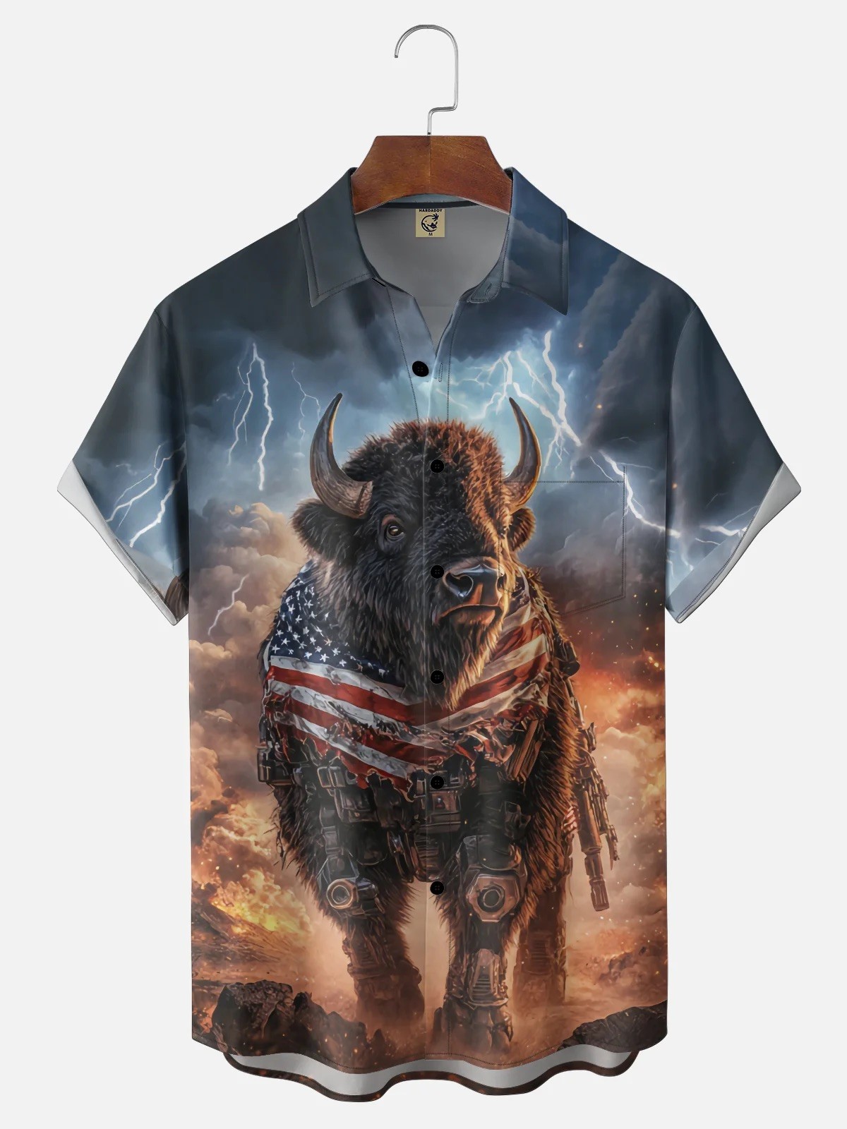Independence Day Bison American Flag Chest Pocket Casual Shirt