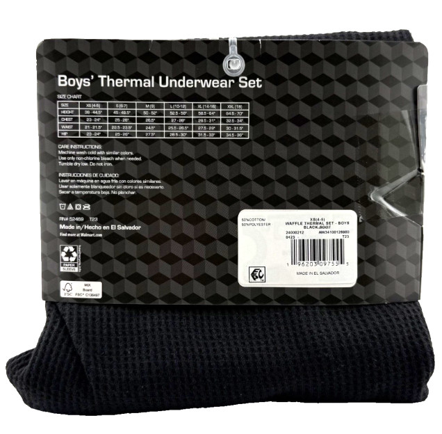 Athletic Works Youth Waffle Thermal Layering Underwear Set, Black – Choose Size