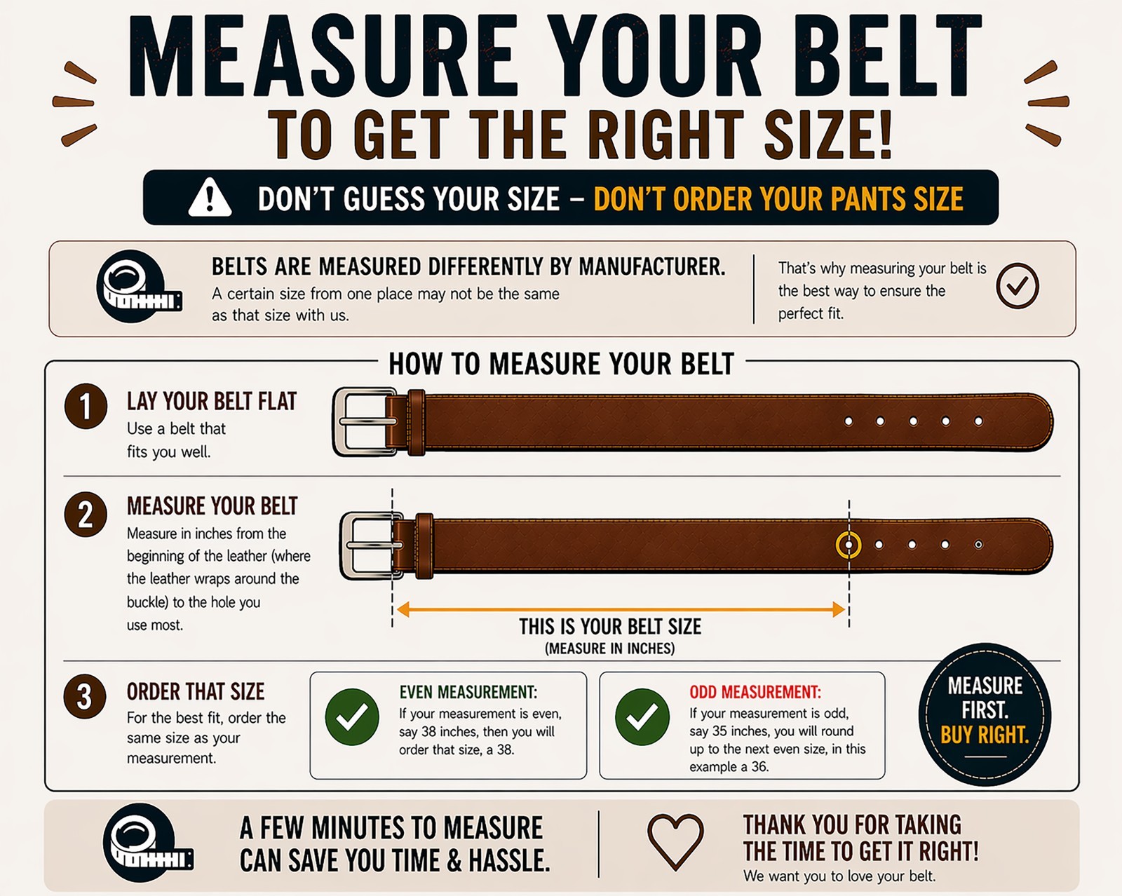 Vintage Full Grain Buffalo Leather Solid 1-Piece Belt Strap – Brown