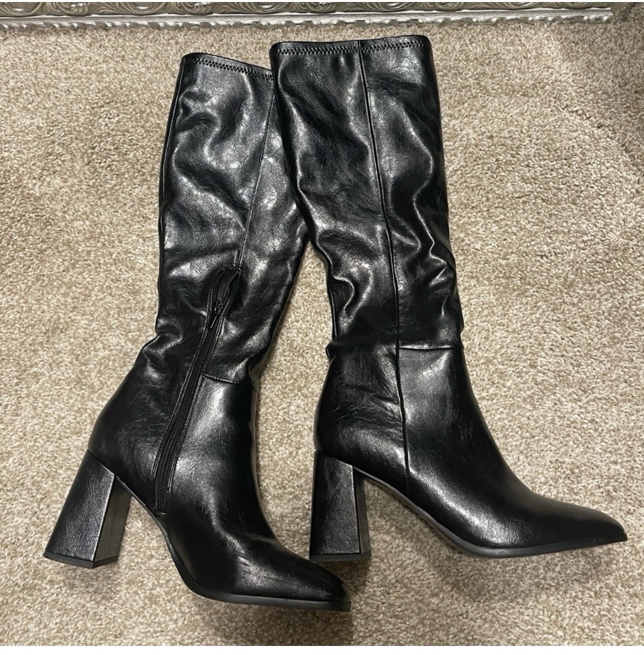 Steve Madden Black Sock PU Leather Women Boots Size -8.5, Heel 3.5 Inch
