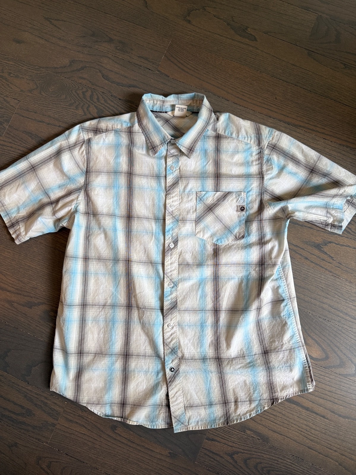 Marmot Men’s Short-Sleeve Plaid Button-Down – Light Blue & Gray & White Sz L