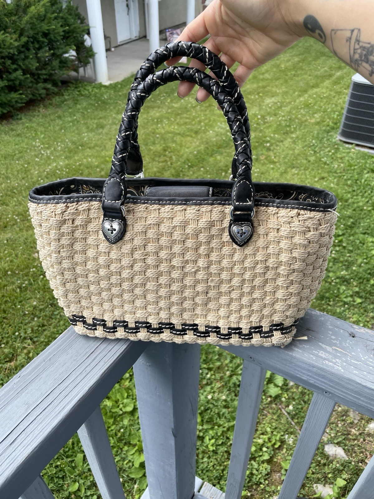 Brighton Black/Tan Woven Straw Look Tote Braided Leather Handles Heart Hardware