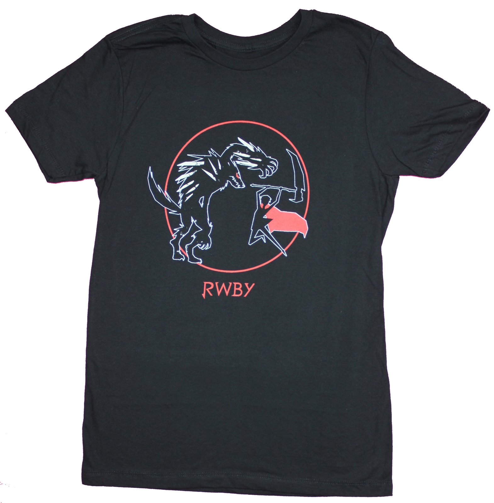 RWBY Mens T-Shirt – Ruby Jumping Attacking Beowolves Circle Image